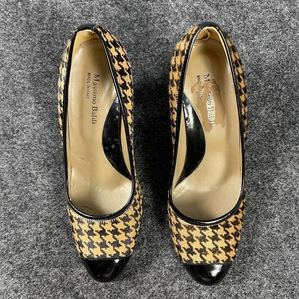 Massimo Baldi Houndstooth Calf Hair Pumps Womens 8.5 Black Cap Toe Heels Italy